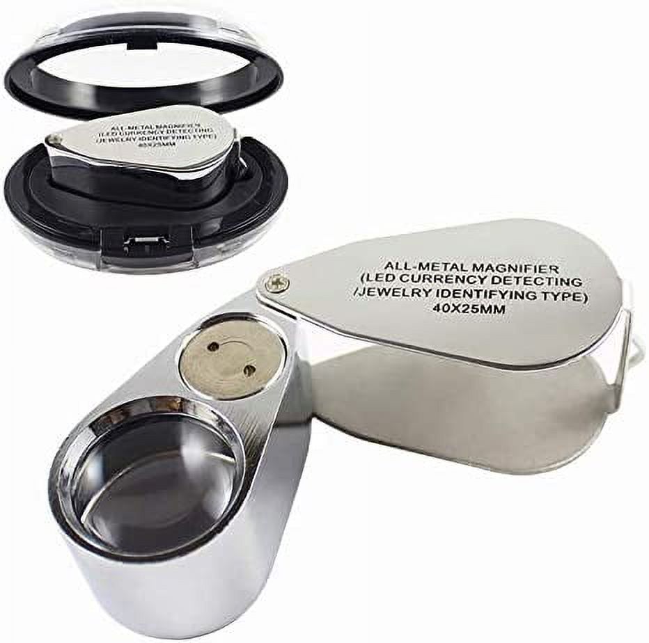 40X Full Metal Jewelry Loop Magnifier,Pocket Folding Magnifying Glass  Jewelers Eye Loupe with LED and UV Light,F015 